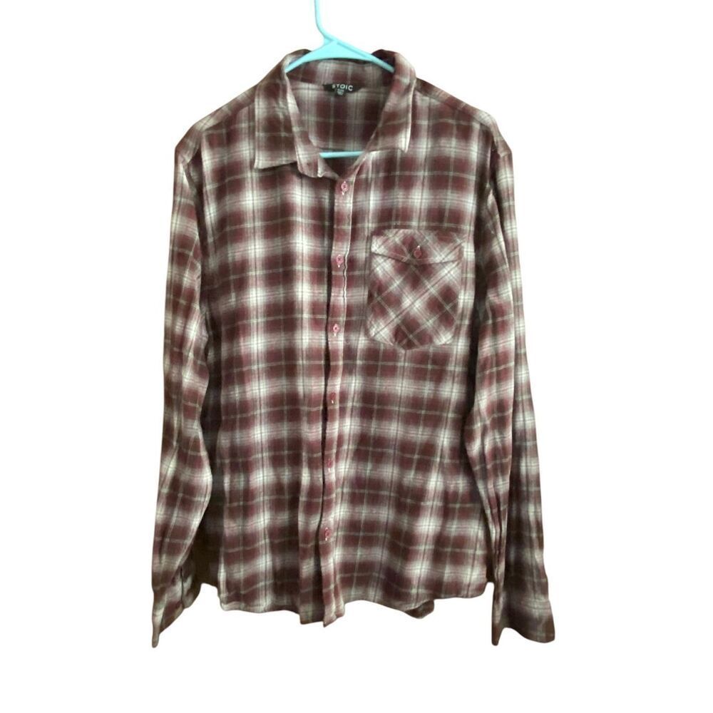 Stoic Mens Burgundy Plaid Long Sleeve Button-Up Flannel Shirt Size XL